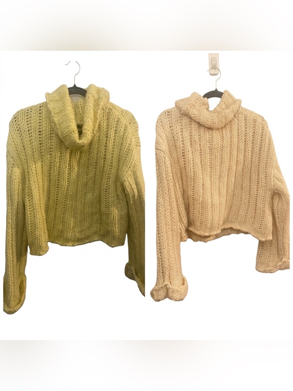 Chunky Knit Cropped Turtleneck Sweater - Cream and Light Yellow